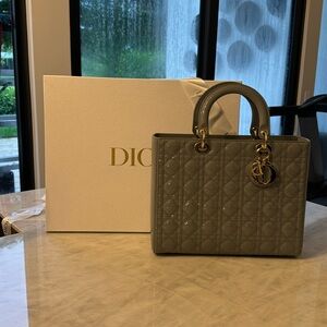 Medium Lady Dior Stone Grey Patent Leather Handbag WITH ORIGINAL BOX AND BOWS